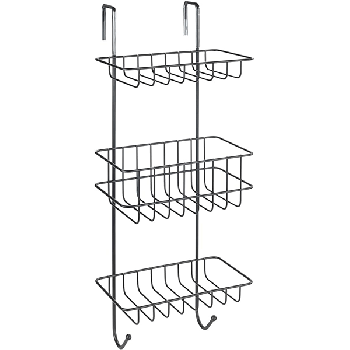 Shower shelf, bathroom storage to hang on the shower cubicle with three square shelves in open wire basket design, without drilling