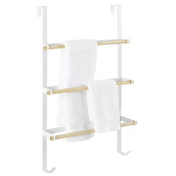 Over-the-Door Towel Rack ,with 3 bamboo poles metal powder coating white , 2 hooks