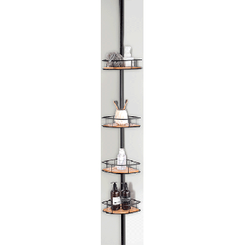 Bathroom Shower Corner Shelf ,  Stainless Steel Telescopic , Height Adjustable with 4 Shelves+bamboo base, Black/Natural