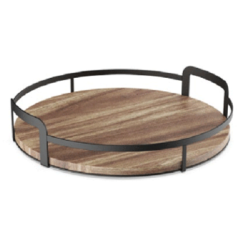 Round serving tray metal black wooden base 