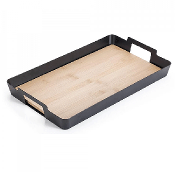 Rectangle serving tray metal  powder coating matt black bamboo base