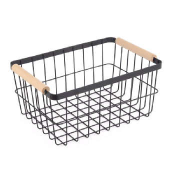 Metal Storage Basket organizer With bamboo Handles