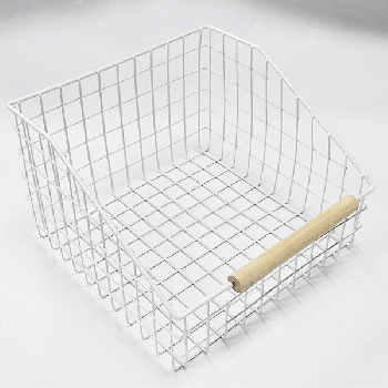 Metal Kitchen Bin Basket, Wood Handle, Matte White/Natural medium size