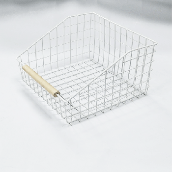 Metal Kitchen Bin Basket, Wood Handle, Matte White/Natural big size