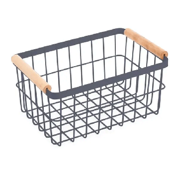 Wire Organizer Basket with Wooden Handle in Black, Storage Basket,medium size