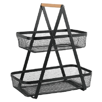 Two-level black metal storage basket. Wooden handle. Ideal for storing fruits, vegetables, spice, bread