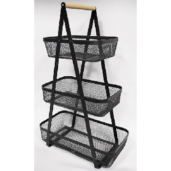 three-level black metal storage basket. Wooden handle. Ideal for storing fruits, vegetables, spice, bread