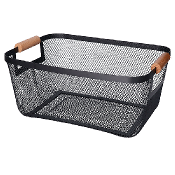 Metal Wire Bin Basket with Wooden Handle Container Multifunctional Kitchen Organizer Fruit Basket for Home Office Lightweight S size