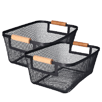 Metal Wire Bin Basket with Wooden Handle Container Multifunctional Kitchen Organizer Fruit Basket for Home Office Lightweight M size