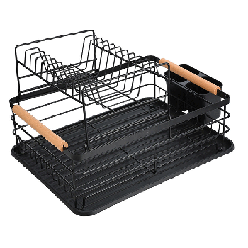 BAMBOO ESSENTIALS TWO-TIER METAL BLACK PLATE RACK WITH BAMBOO HANDLES