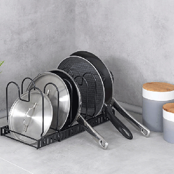 Pan Storage and Lid Holder, Telescopic Storage for Cupboards with 6 Compartments for Frying Pans and Lids,Metal, matt Black