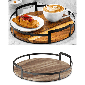 Round serving tray metal black wooden base 