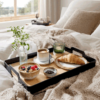 Rectangle serving tray metal  powder coating matt black bamboo base