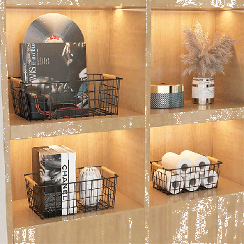 Metal Storage Basket organizer With bamboo Handles