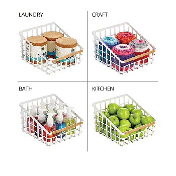 Metal Kitchen Bin Basket, Wood Handle, Matte White/Natural small size