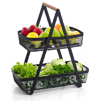 Two-level black metal storage basket. Wooden handle. Ideal for storing fruits, vegetables, spice, bread