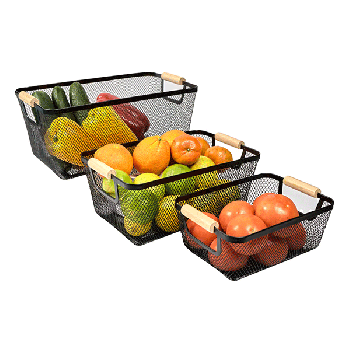 Metal Wire Bin Basket with Wooden Handle Container Multifunctional Kitchen Organizer Fruit Basket for Home Office Lightweight L size  METAL WIRE ORGANIZER BASKET WITH WOODEN HANDLE