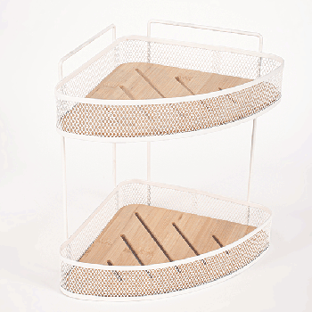 2 tiers Corner cosmetc holder with metal/bamboo adhesive-black/bamboo bathroom shelves