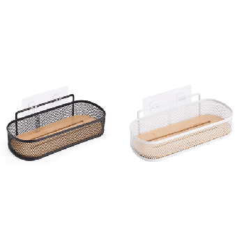 Oval cosmetics holder shelves metal bamboo with adhesive-black/bamboo bathroom shelves